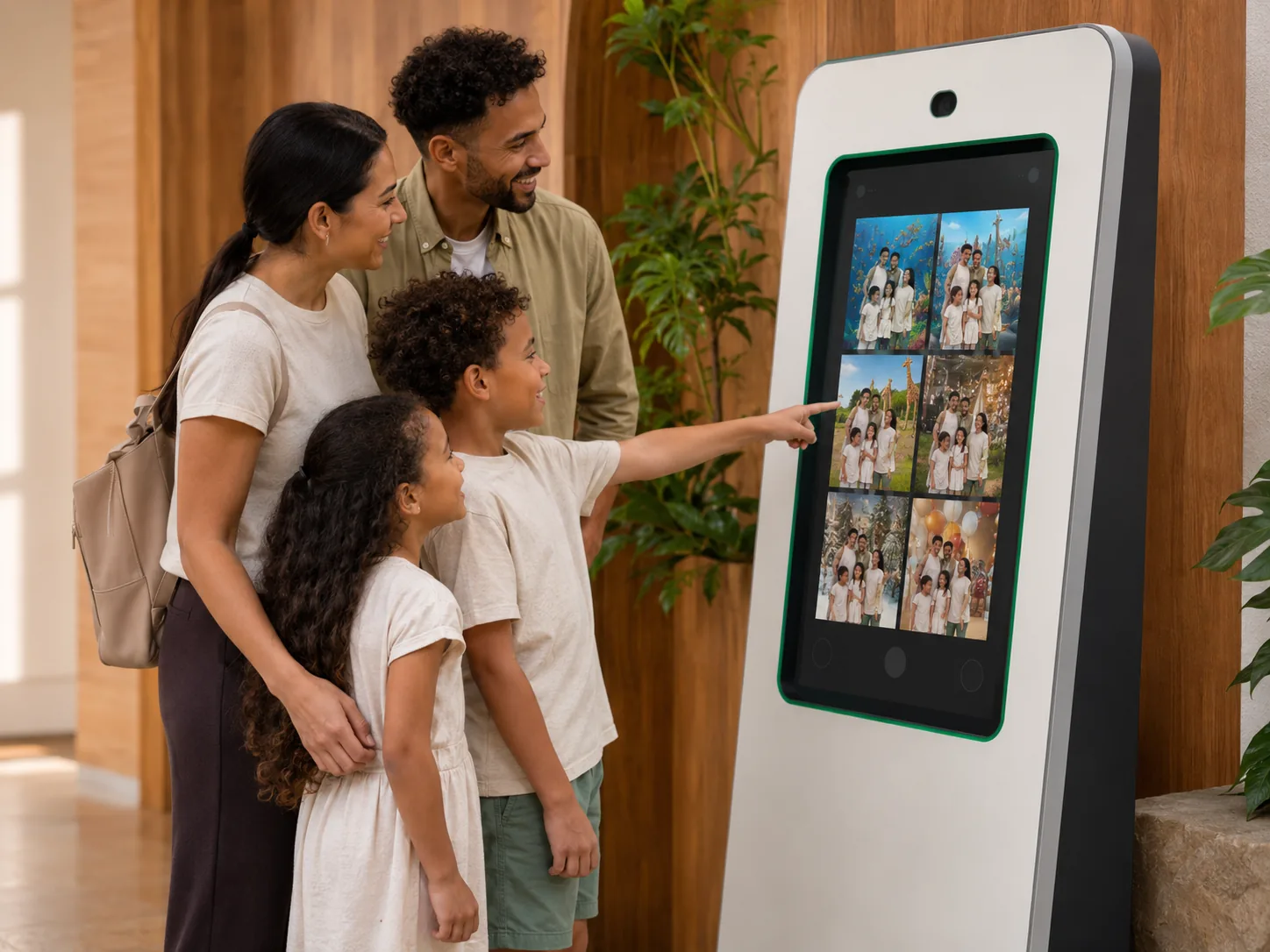A child pointing at a kiosk screen showing the same family photo composited onto four different backgrounds.