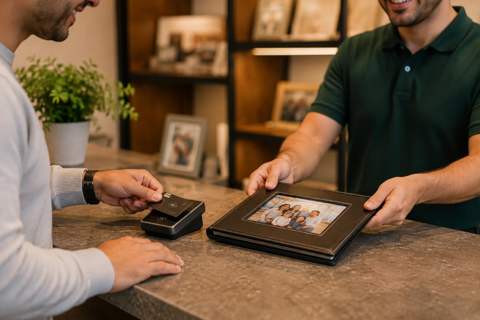 A customer tapping a card on a payment terminal while a staff member slides a finished photo folio across the counter.