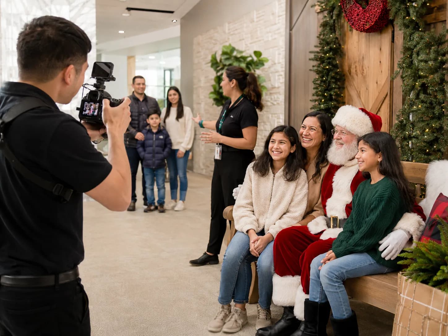 A Santa set running at pace: one family being photographed while a greeter checks in the next family waiting.