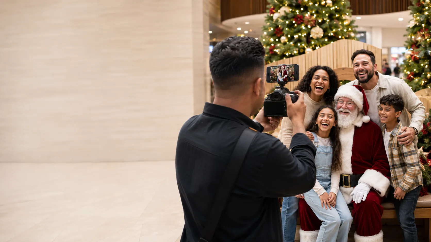 A photographer shooting a family with Santa in front of a decorated tree in a shopping centre.