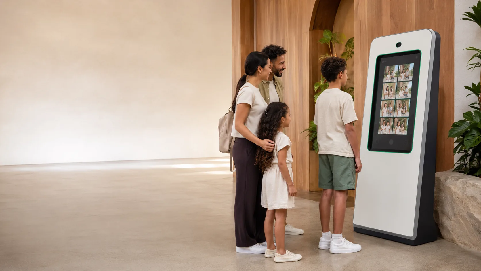 A family standing at a photo retrieval kiosk in a venue lobby, their session's photos shown on the screen.