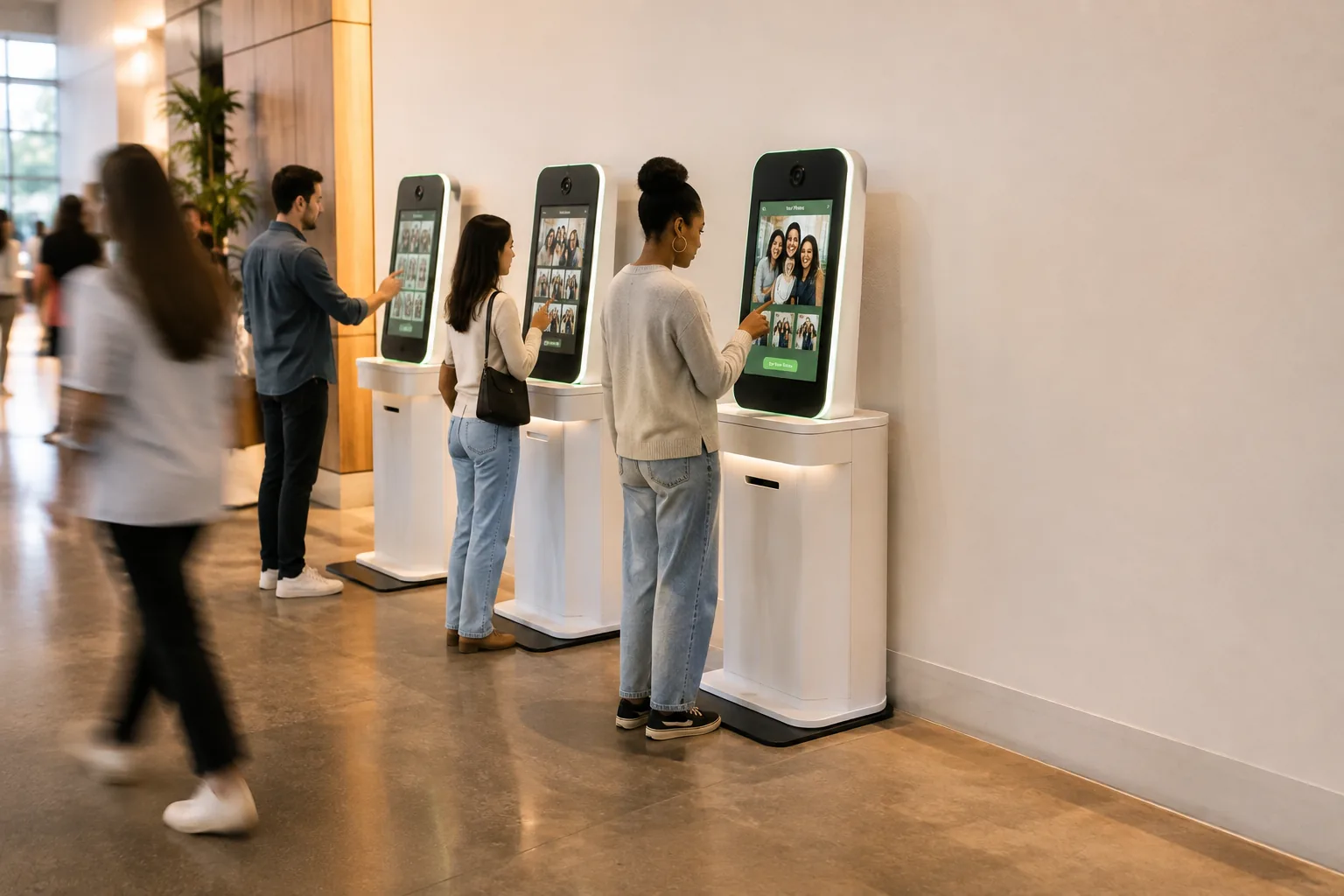 Three guests each reviewing their photos at separate self-service kiosks along a venue lobby wall, with other visitors passing behind.