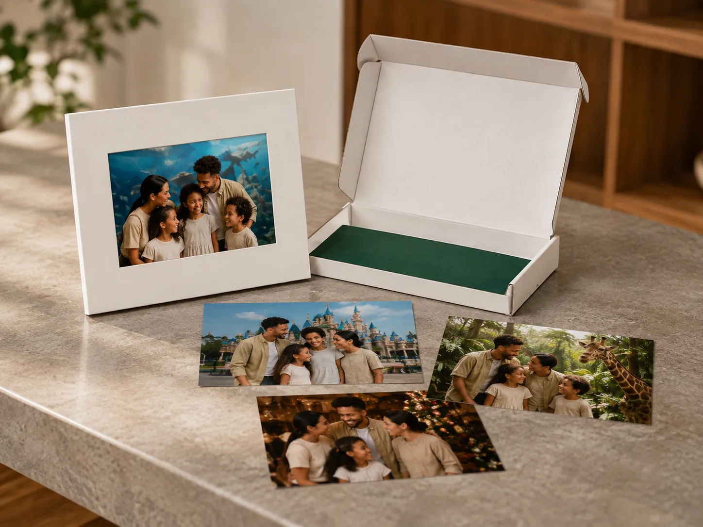 A printed photo folio, an open mailer box and loose prints arranged on a stone counter.