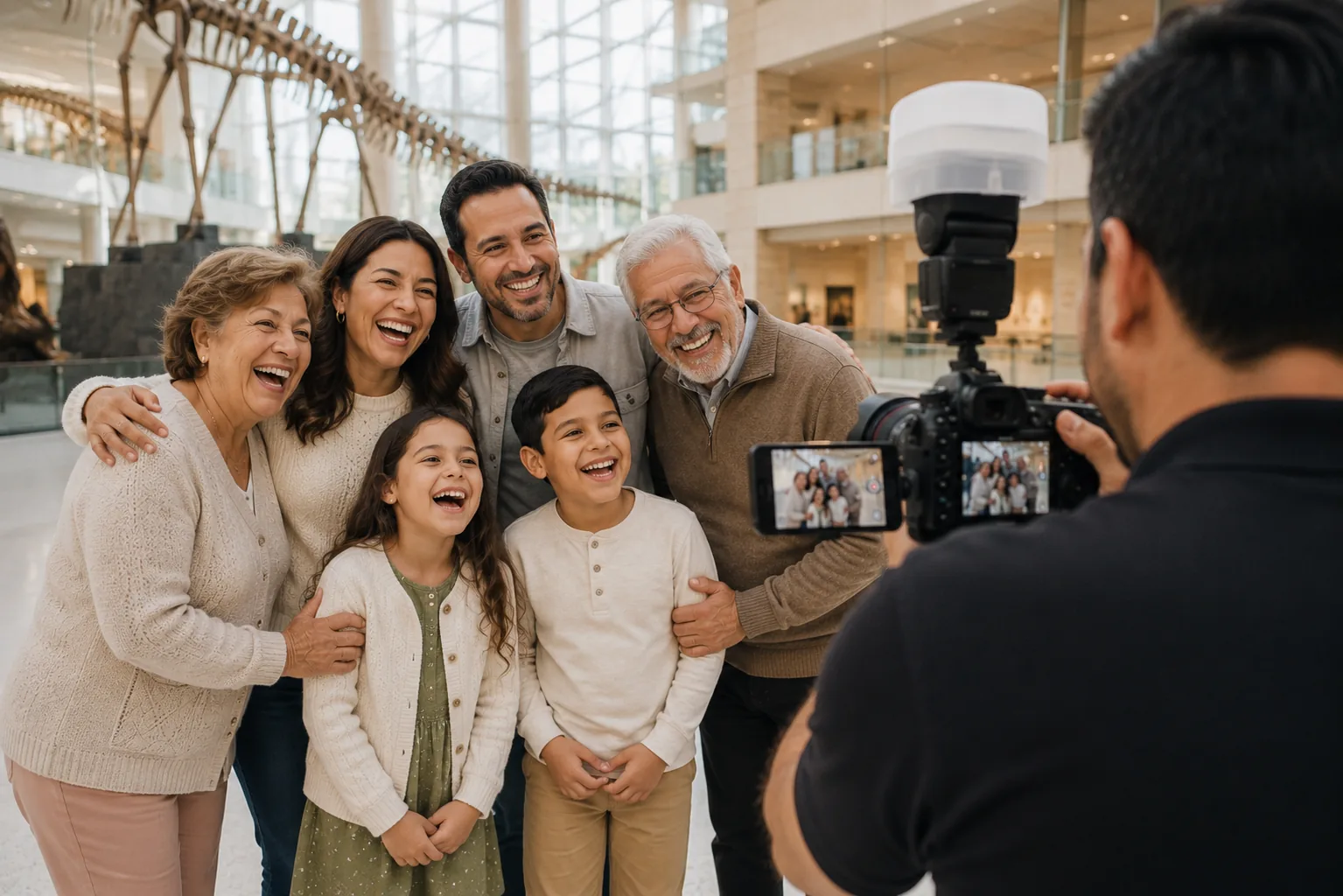 Three generations of a family posing together and laughing in a museum hall, photographed from behind the photographer's shoulder.