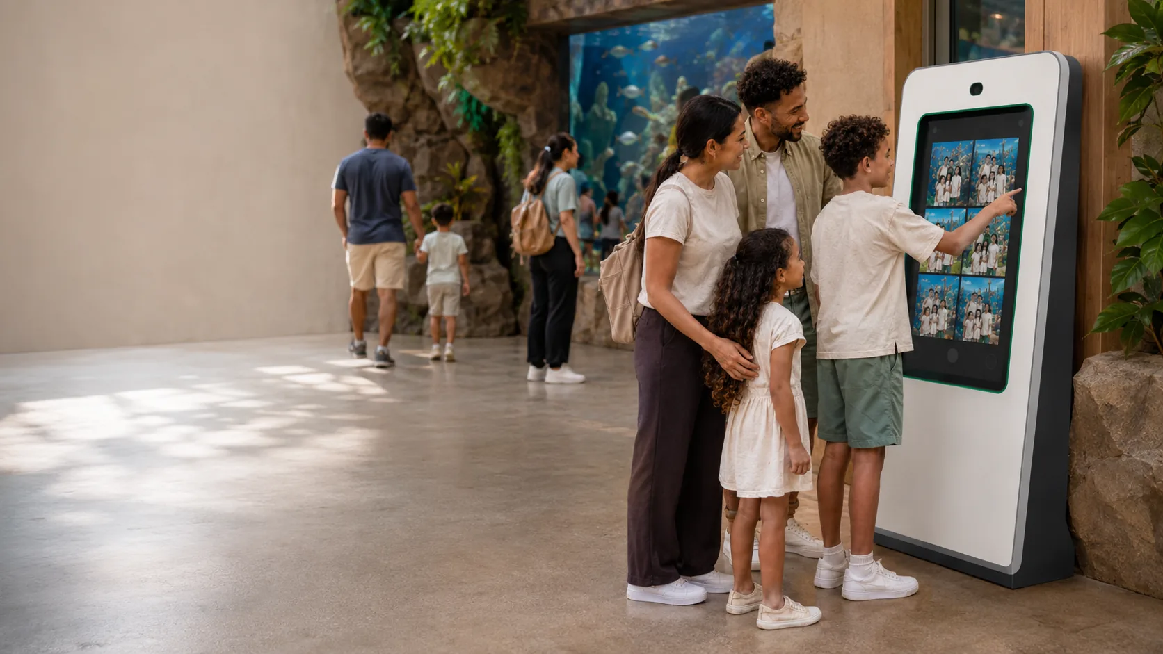 A photo viewing kiosk installed beside an aquarium exhibit, with a family reviewing their photos and other guests passing behind.