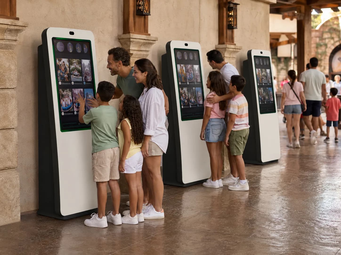 Three retrieval kiosks along an attraction exit walkway, each with a family reviewing their photos.