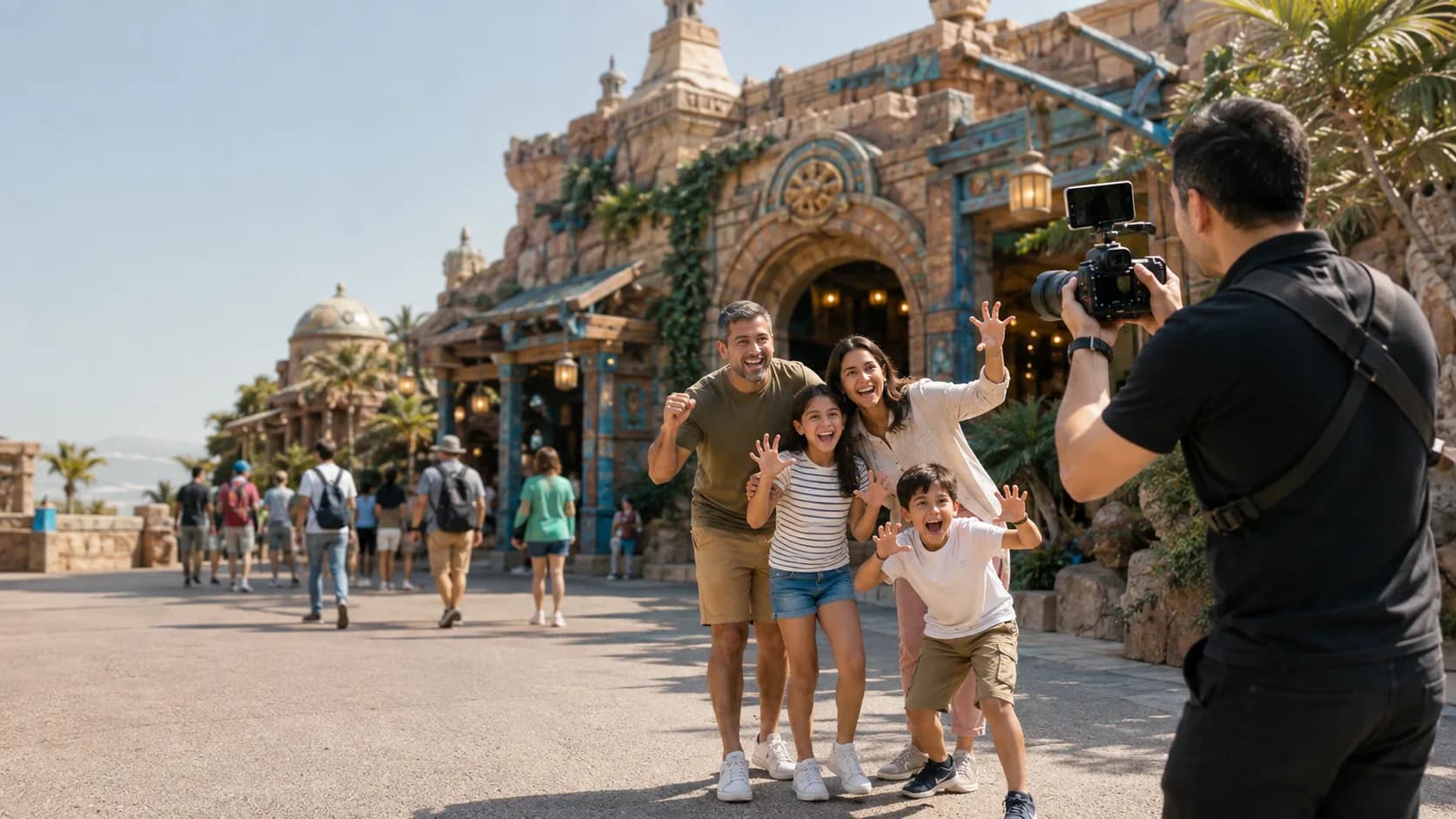A photographer shooting a family posing outside a themed attraction facade.