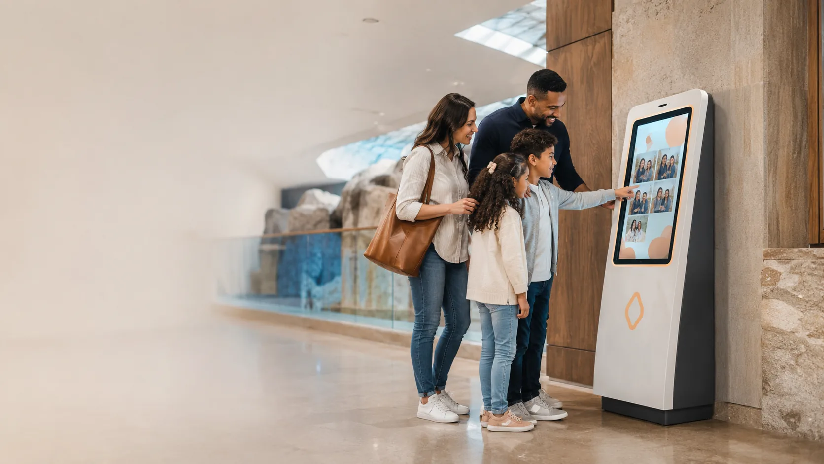 A family using a retrieval kiosk finished in a venue's own brand colours and logo rather than the platform's.