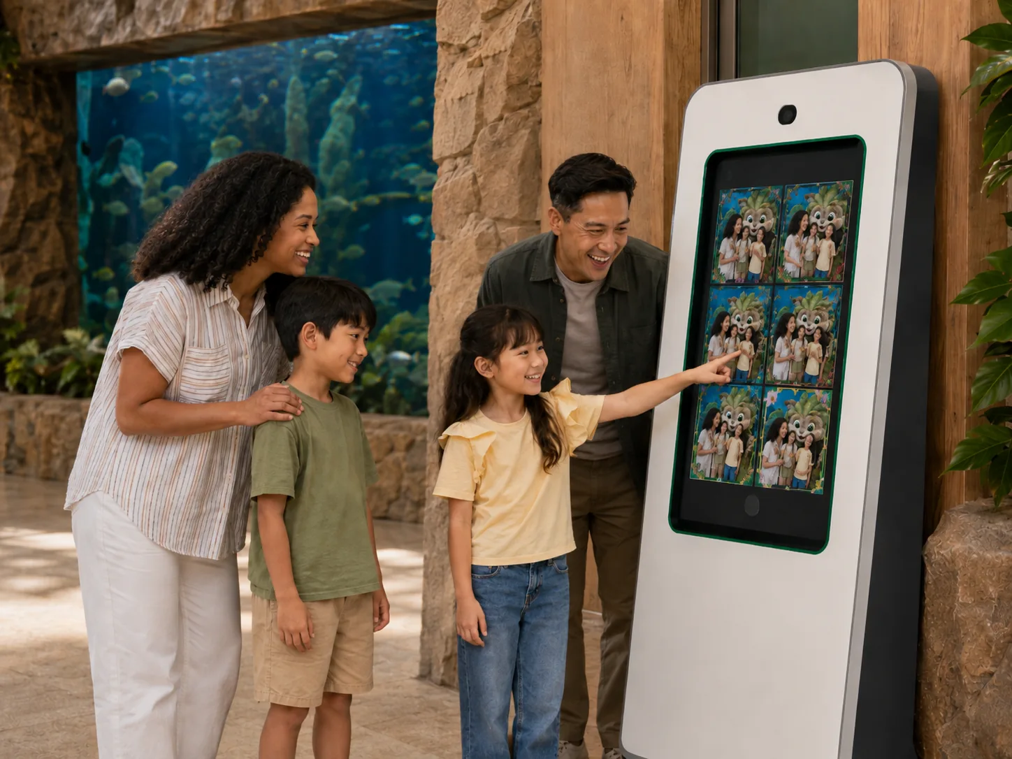 A family at a retrieval kiosk reviewing photos taken with a costumed character.