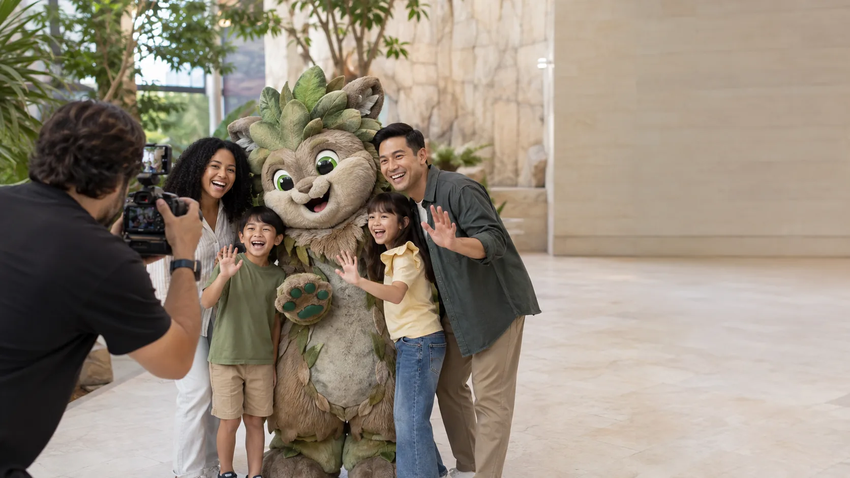 A family waving beside a costumed woodland character while a photographer captures the moment.