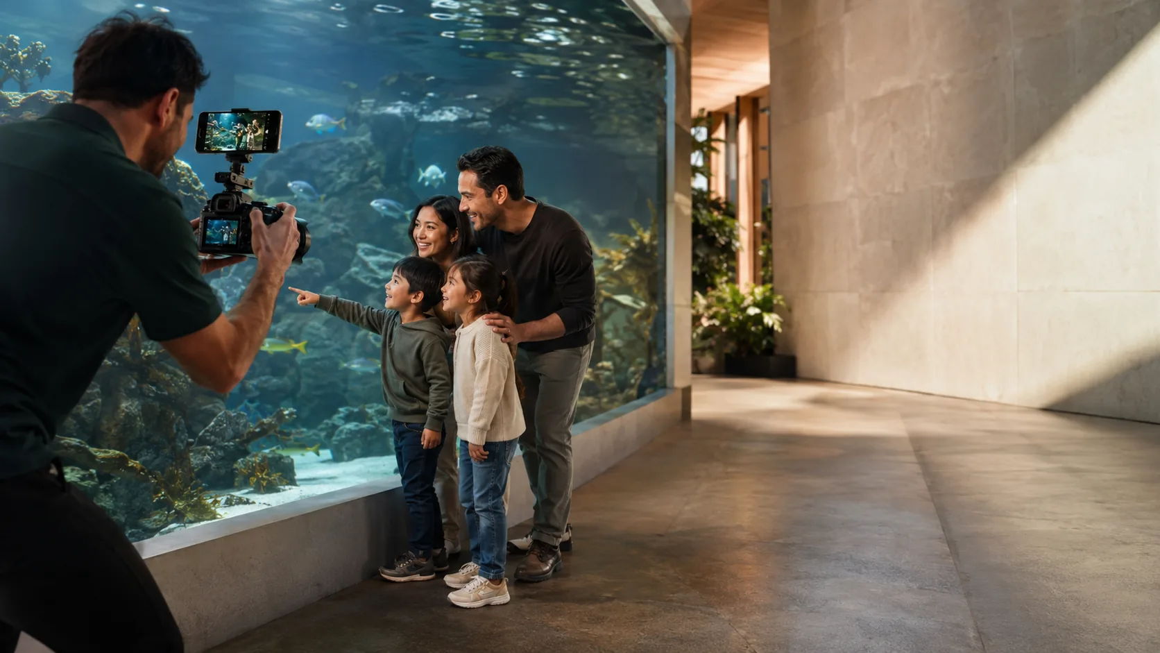 A photographer capturing a family in front of a large aquarium window during a member encounter.