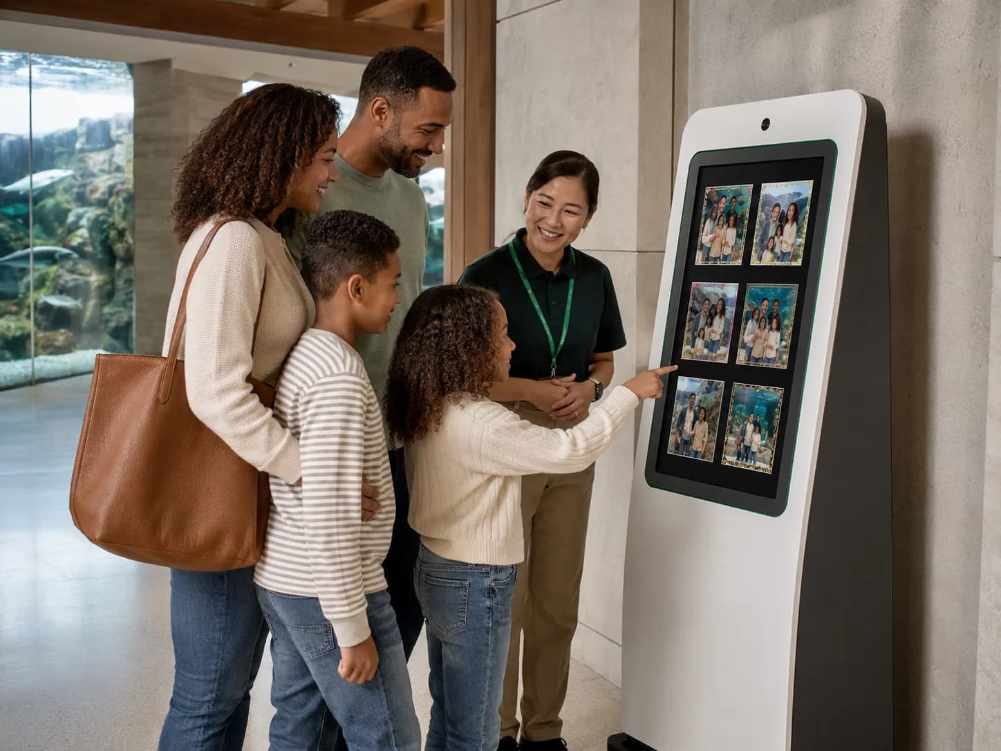 A staff member assisting a family at a retrieval kiosk beside an aquarium exhibit.