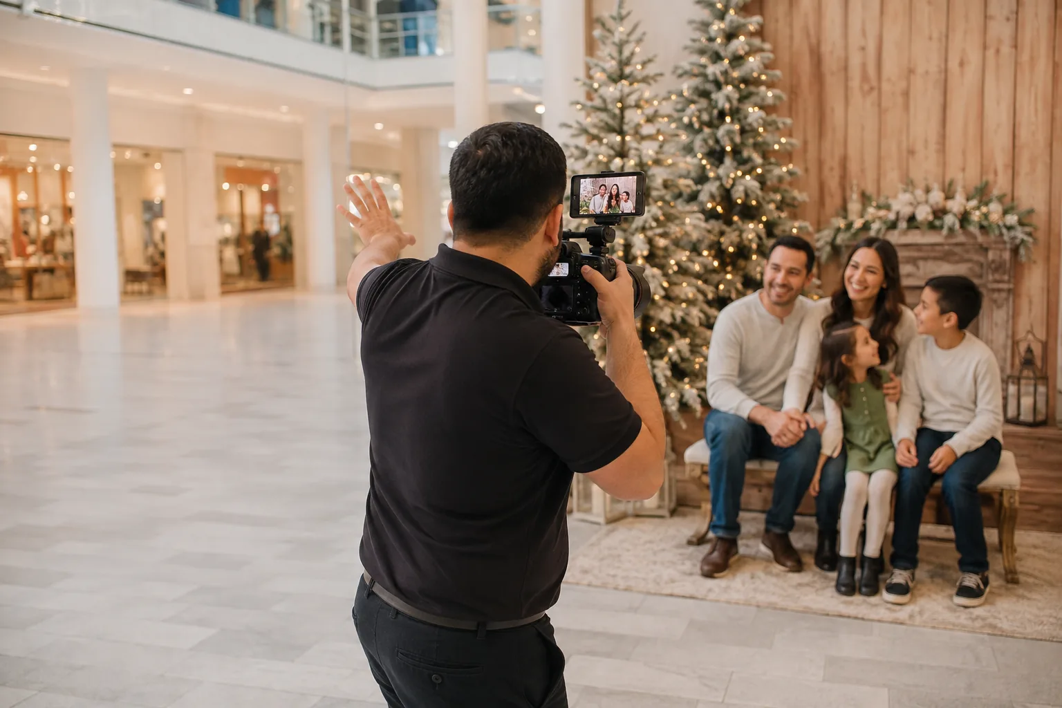 A photographer directing a family posing on a bench in front of a decorated holiday set in a shopping centre, one hand raised mid-instruction.